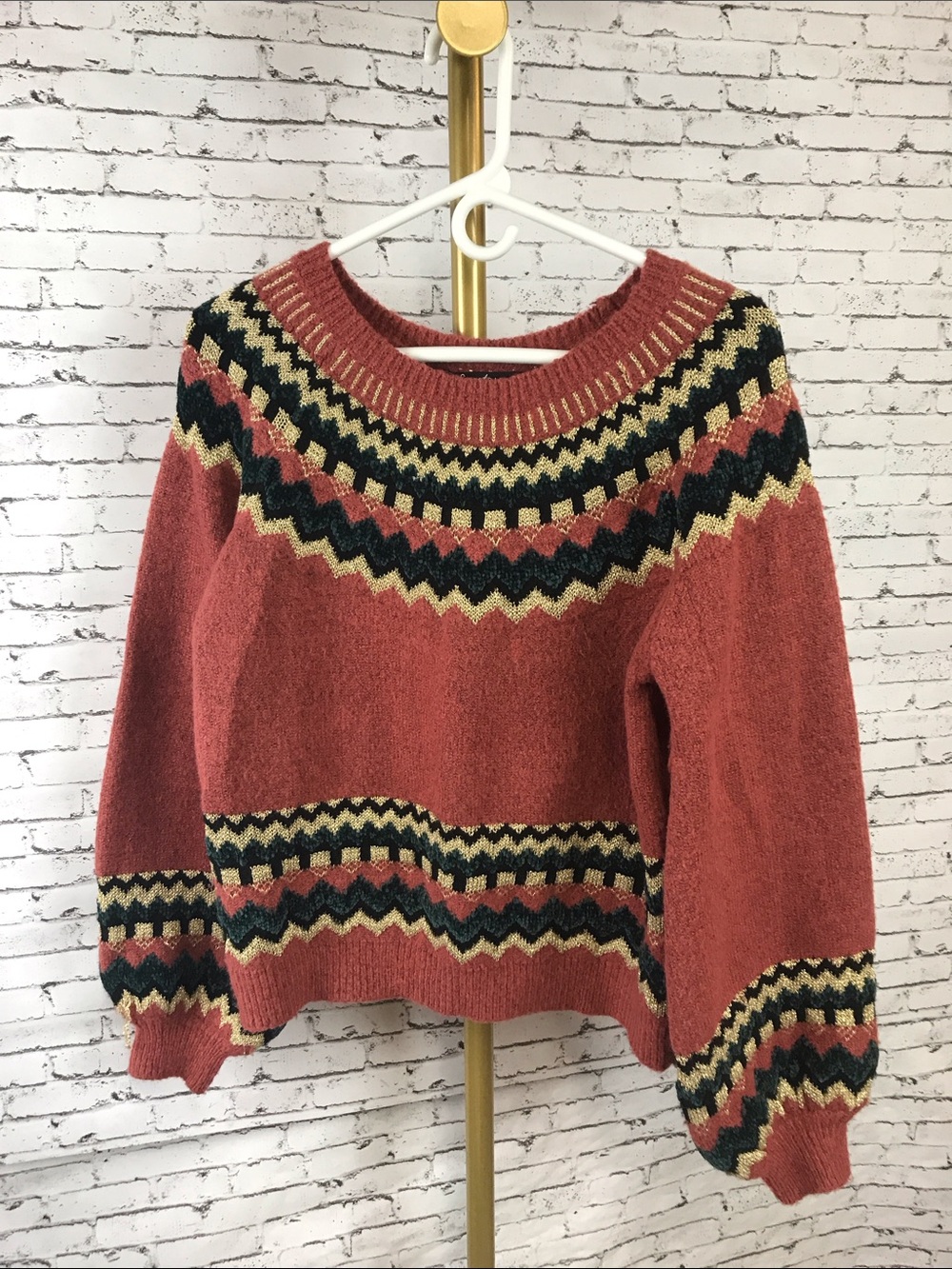 Sweet Rain | Rust Crewneck Sweater with Black, Gold green ornament pattern, M